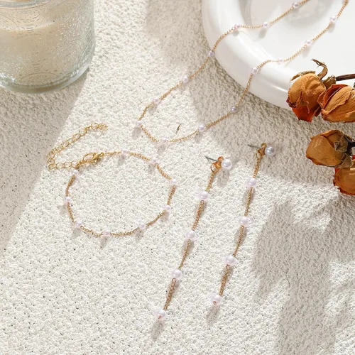 Vista 2 de Delicado conjunto de joyas de perlas para mujer, gargantilla de perlas sintéticas para novia, pulsera de perlas pequeñas, aretes largos de perlas