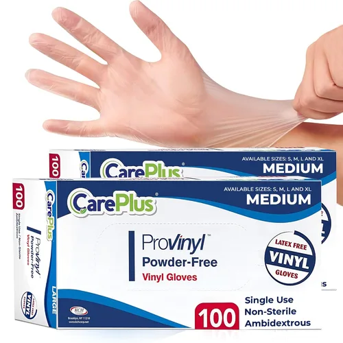 Vista 16 de CARE PLUS Pro - Guantes de vinilo transparentes de tamaño pequeño, 100 unidades Sin látex, sin polvo, resistentes, no estériles, Guantes