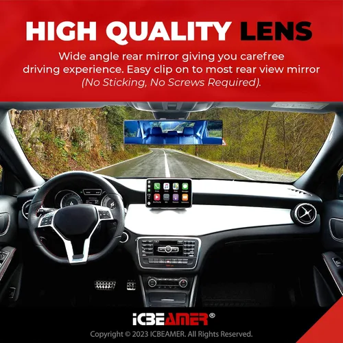 Vista 4 de Espejo retrovisor ICBEAMER de 9.4 pulgadas con clip Tinte azul convexo, vidrio panorámico de gran angular HD, antirreflejo, ajuste universal