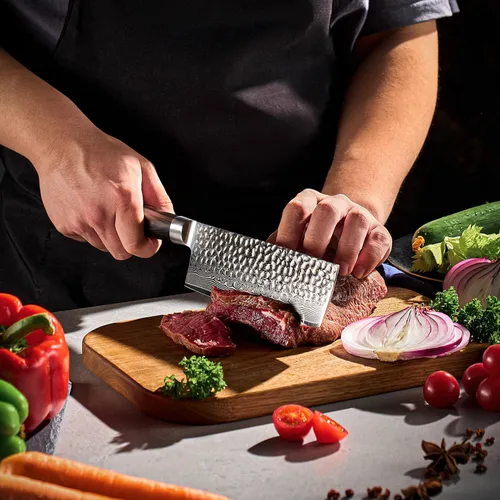 Vista 2 de SENKEN Damasco - Juego de cuchillos de 5 piezas, colección Ronin con núcleo de acero japonés VG10, cuchillos de chef con mango de madera, Santoku