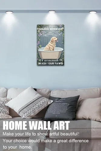 Vista 4 de Zomyto Letrero de lata con texto en inglés "Wash Your Paws Golden Retriever", decoración de baño, perro, bañera, bañera, estilo retro, decoración