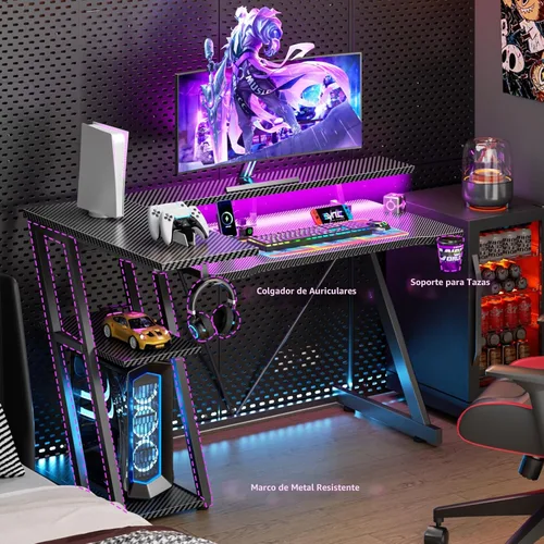 Vista 6 de Korfile Escritorio para juegos de 40 pulgadas con toma de corriente y luces LED, mesa de juegos para computadora en forma de L con estantes