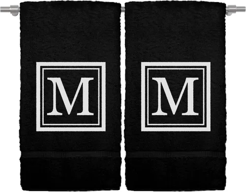 Vista 49 de Juego de 2 toallas de mano con monograma, 16 x 30 pulgadas, regalo personalizado, letra dorada bordada con diseño cuadrado sobre toalla negra, extra