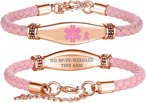 Vista 21 de LinnaLove Rose gold Medical Alert Bracelet for Women, Elegant Braided Pink Leather ID Jewelry, Adjustable Extension Fits 6.5"-8" Wrists