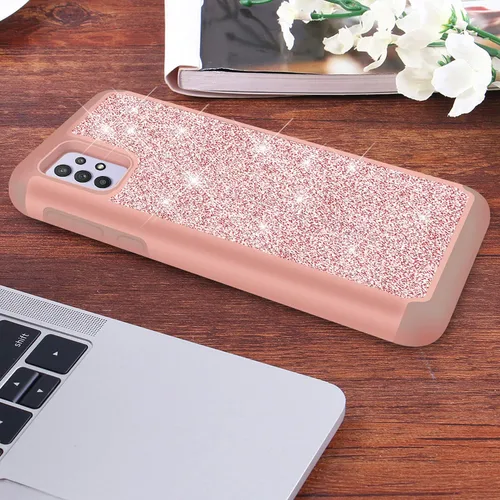 Vista 7 de TJS - Funda compatible con Samsung Galaxy A32 5G (oro rosa) with Tempered Glass Screen Protector Glitter Bling Cute Girls Women Design Dual Layer