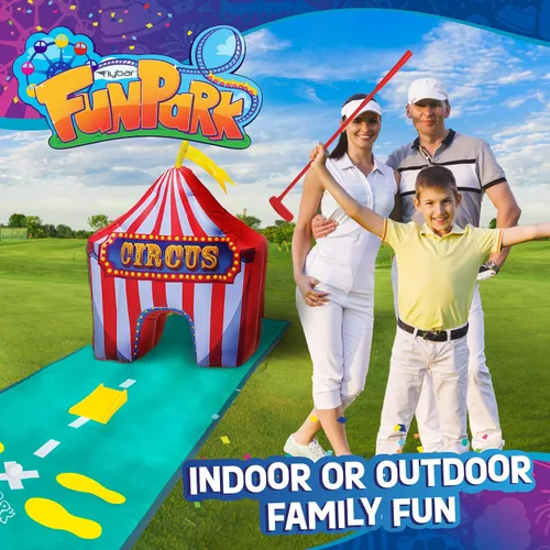 Vista 2 de FunPark - Juego de minigolf inflable – Campo de 13 piezas con palos ajustables, pelotas, copas de putting, tapetes verdes y obstáculos temáticos