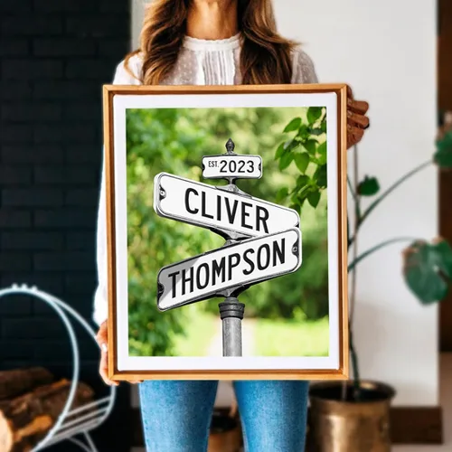 Vista 23 de Señal de calle vintage personalizada para parejas en lienzo, nombres y fecha personalizados, regalos de Navidad para ella o él, regalo del Día