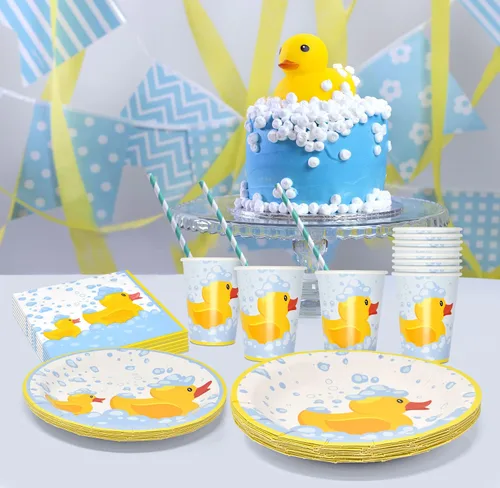 Vista 5 de Gift Boutique 96 piezas de suministros de fiesta de patos de goma, platos de papel, servilleta para patos amarillos, pato, baño de burbujas, pijama