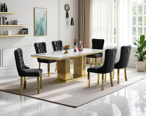 Vista 13 de Juego de mesa de comedor de mármol para 4, mesa de cocina rectangular de mármol negro de 68 pulgadas con base en H de acero inoxidable dorado, juego
