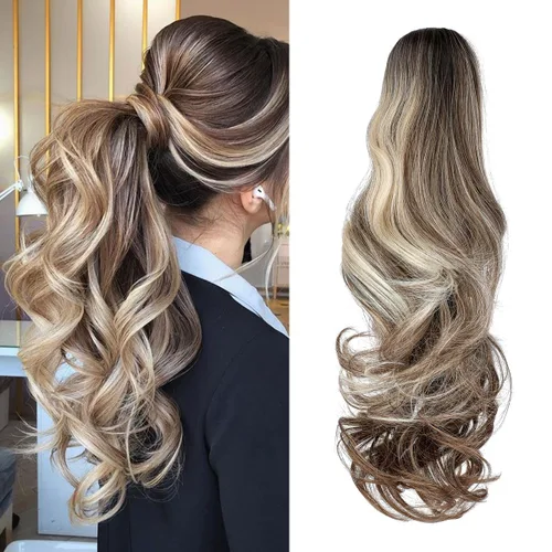 Vista 40 de Felendy Extensión de cola de caballo de 18 pulgadas, mezcla de rubio ceniza, marrón oscuro, rizado, ondulado, con clip, extensiones de cabello largo