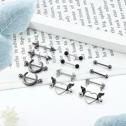 Vista 2 de JOERICA Juego de 6 pares de anillos de pezón de acero inoxidable 316L para mujer, diseño de corazón, mariposa, luna, circonita cúbica, flor, barra