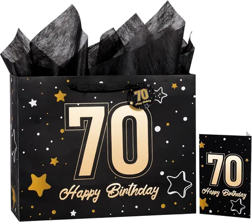 Vista 39 de Powbrace Bolsa de regalo de cumpleaños número 30 negra de 13 pulgadas con papel de seda y tarjeta de felicitación para fiestas, bolsa de regalo