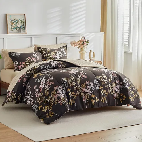 Vista 2 de AIKASY Bed in a Bag - Juego de edredón reversible de 7 piezas con estampado floral y microfibra suave