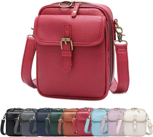 Vista 10 de Bolso bandolera de cuero, bolso mensajero de doble capa de gran capacidad, de cuero sintético retro con monedero incorporado, bolsa antirrobo