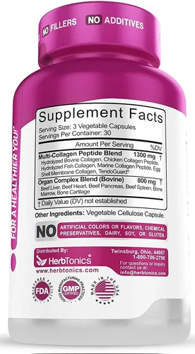Vista 6 de Herbtonics Gomitas de colágeno múltiple con cápsulas de colágeno múltiple tipo I, II, III, V y X, péptidos de proteínas y complejo de órganos