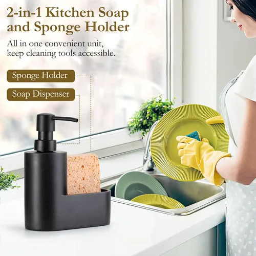 Vista 2 de Dispensador de Jabón para Platos Shinowa con Soporte para Esponja, Bomba de Jabón para Cocina Recargable, Dispensador de Jabón de Superficie 2 en 1