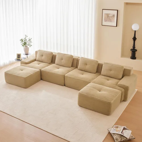 Vista 20 de Sofá moderno comprimido sin armazón de 116", sofás seccionales de 3 plazas para sala de estar, sofá seccional modular de pana verde nube, espuma