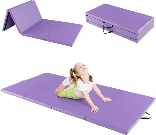 Vista 8 de GYMAX Colchoneta de gimnasia, 4 x 8 x 2 pulgadas, plegable, gruesa, con asas de transporte y costuras resistentes, cubierta de piel sintética Púrpura