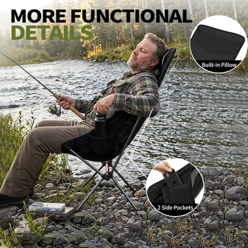 Vista 7 de SHALLWE Camping Chairs, All Aluminum Frame Portable Folding Camp Chair for Adults, Heavy Duty High Back Collapsible with Built-in Pillow, Side
