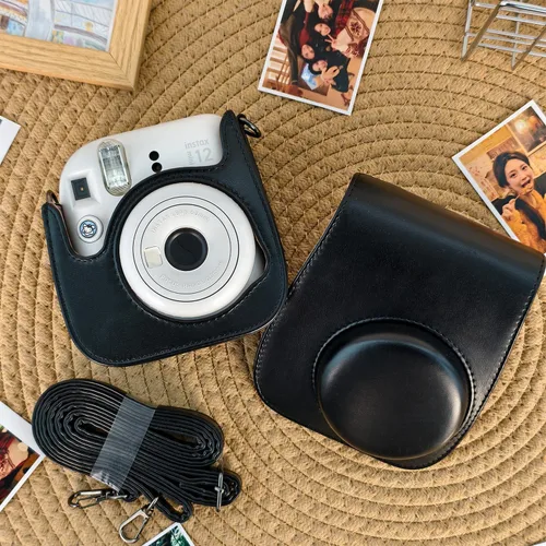 Vista 8 de Funda de piel sintética compatible con cámara instantánea Fujifilm Instax Mini 11 12 con correa ajustable y bolsillo (negro)