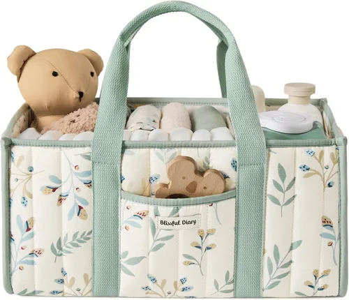 Vista 10 de Blissful Diary Organizador de pañales a cuadros, elegante cesta de almacenamiento para guardería, regalo para baby shower, artículos esenciales