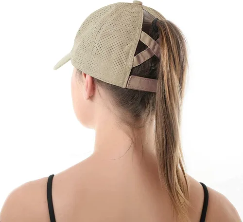 Vista 6 de Koreshion Gorra de béisbol ajustable para mujer, diseño de moño desordenado, de secado rápido