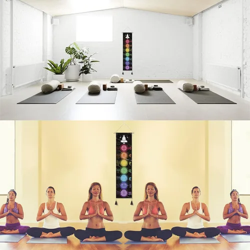Vista 7 de DigiTizerArt Póster colgante en lienzo para meditación, 7 chakras y yoga, pintura tapiz colgante de pared blanco y negro 13.0 x 53.1 in (negro)
