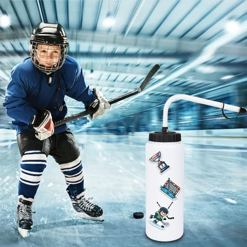 Vista 7 de Regalos de hockey RhythmFit, paquete de 1 botella de agua de hockey con pajita larga y 100 piezas de calcomanías y accesorios para niños, hombres