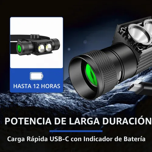 Vista 4 de Linterna frontal recargable para casco duro, linterna LED de frente de 1000 lúmenes, ligera, resistente, IPX4 impermeable para camping, correr