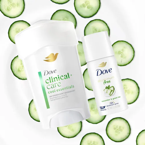 Vista 8 de Dove Desodorante para mujeres, antitranspirante de fuerza recetada, Cool Essentials + desodorante sin aluminio de pepino y té verde, tamaño de viaje