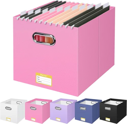 Vista 20 de BALEINE Caja organizadora de archivos, organizador de carpetas de archivos de cartón con asa para tamaño carta, caja de archivos plegable portátil