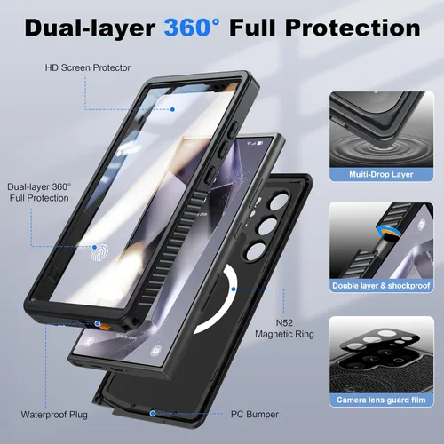 Vista 5 de ANTSHARE Funda impermeable IP68 para Samsung Galaxy S24 Ultra, compatible con MagSafe, protector de pantalla y lentes integrado, protección