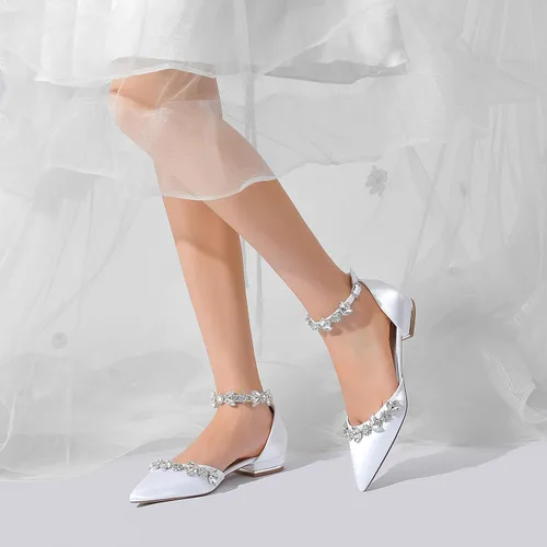 Vista 7 de Zapatos planos de satén puntiagudo para mujer, cómodos diamantes de imitación, correas de tobillo, zapatos de tacón para novia, zapatos de fiesta