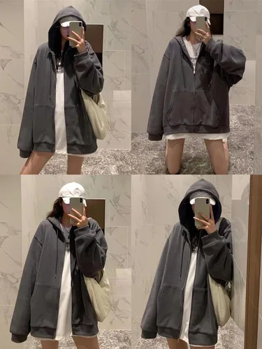 Vista 5 de SYYRXB Sudadera coreana con capucha y cremallera Y2k para mujer, Harajuku, suéter sólido con capucha de gran tamaño, otoño e invierno