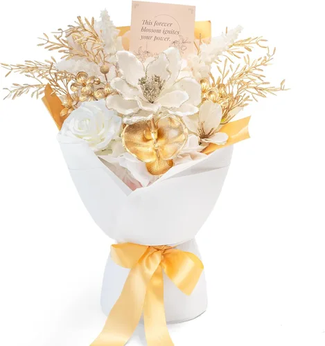 Vista 10 de Ramo de flores preservadas de color naranja, ramo de regalo para mujeres, regalo de flores falsas eternas para Navidad, aniversario, cumpleaños