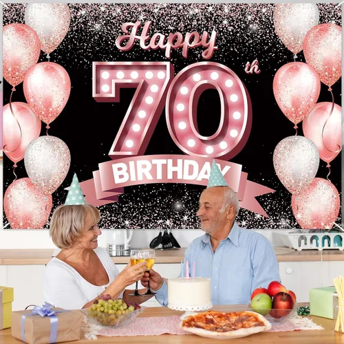 Vista 237 de Cartel de feliz cumpleaños décimo oro rosa, telón de fondo, saludos a 10 años, globos de confeti, decoración temática para niñas de 10 años