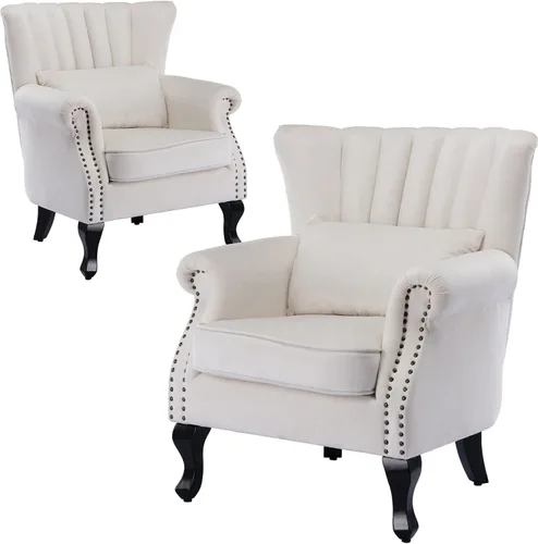 Vista 25 de Juego de 2 sillas decorativas modernas de mediados de siglo, sillón de tela de lino con respaldo acolchado/patas de madera, sillón de descanso