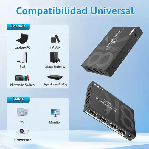 Vista 6 de Interruptor HDMI 8K 3 en 1 salida 4K@120Hz HDMI Switcher con control remoto