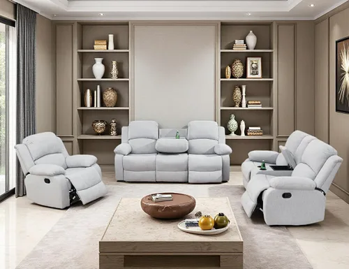 Vista 20 de Juego de Muebles para Sala de Estar, Juego de Sofá Reclinable Manual, Juegos de Sofás Reclinables de Cuero Beige con Mesa Desplegable, Sofá