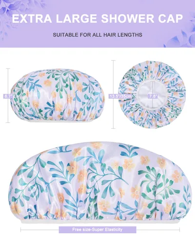 Vista 7 de Gorro de ducha reutilizable con forro de rizo, gorro de ducha grande para mujer, gorro de ducha impermeable de triple capa para cabello largo