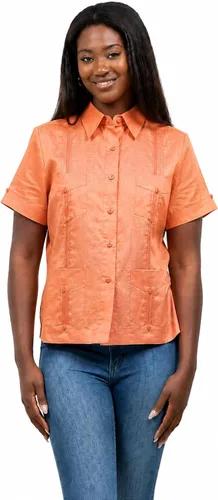 Vista 4 de Mojito Collection Camisa Guayabera tradicional de manga corta para mujer 100% lino Aguamarina