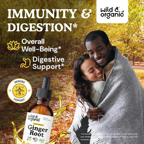 Vista 2 de Wild & Organic Gotas líquidas de extracto de jengibre, apoyo inmunológico y digestivo, suplemento líquido de raíz de jengibre, tintura vegana, sin