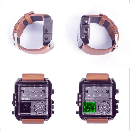 Vista 8 de Reloj de pulsera digital cuadrado unisex, reloj de cuarzo de cara grande LED, reloj automático analógico con cronómetro impermeable con zona