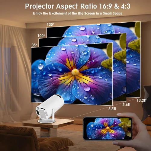 Vista 5 de Mini proyector HY300 PRO, proyector portátil con doble banda WIFI6 5G inalámbrico 5.4 Bluetooth, proyector inteligente compatible 4K 1080P