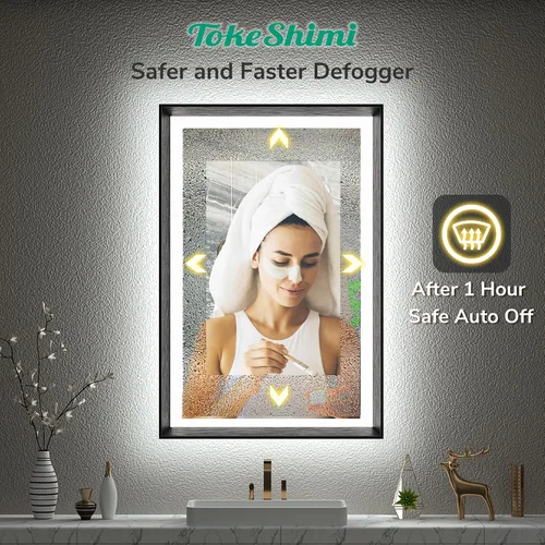 Vista 6 de TokeShimi Espejo de baño con marco negro de 40 x 30 pulgadas con luces delanteras y retroiluminación de aleación de aluminio rectangular, borde