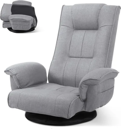 Vista 8 de Linen Fabric Ergonomic Gaming Chair, 6-Position Reclining Sofa Bed with Lumbar Support, Foldable Floor Lounger with Thick Cushion, Armrests & Side