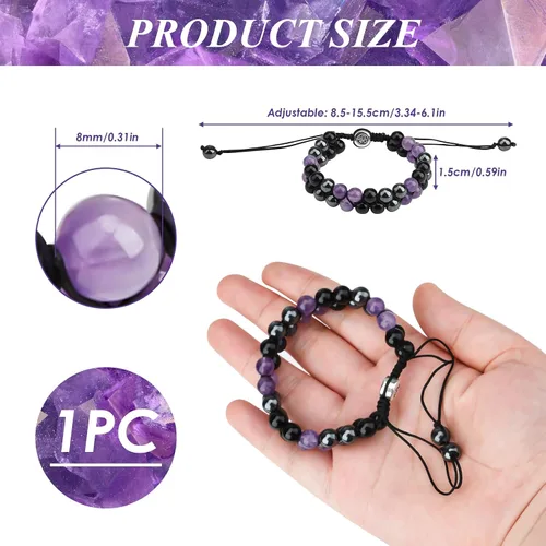 Vista 2 de Pulseras de triple protección para hombres y mujeres, joyería de muñeca de cristal curativo de hematita de amatista auténtica, piedras naturales