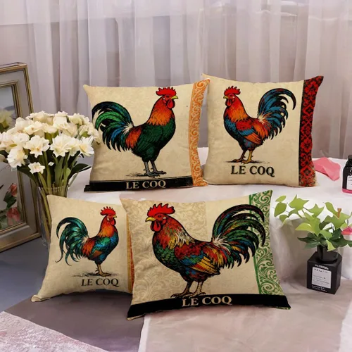 Vista 2 de Funda de almohada de gallo de granja de 18 x 18 pulgadas, fundas de almohada vintage de gallo francés con borde de damasco, fundas de almohada