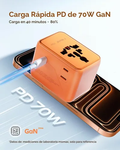 Vista 4 de MOMAX 70W Universal Travel Adapter 7-in-1 GaN International Power Adapter Naranja (Cosmic Orange)