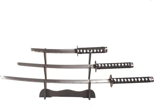Vista 2 de Sword Valley Authentic Hanakiri Samurai Sword 3-Piece Set with 3-Tier Display Stand - Dragon Engraved Scabbards, Stainless Steel Blades, Waxed